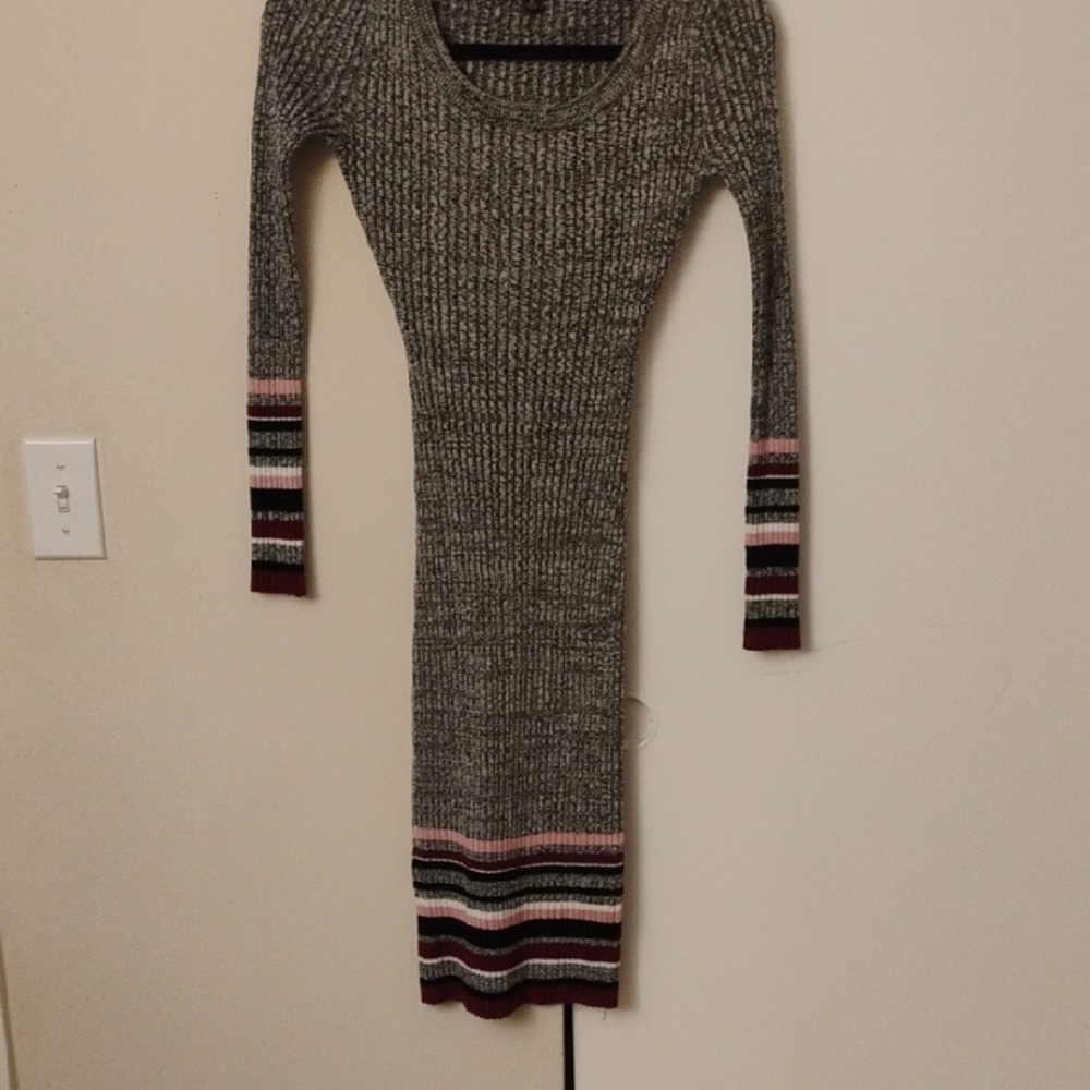 Almost Famous Gray Knit Dress with Pink and Burgundy Stripes